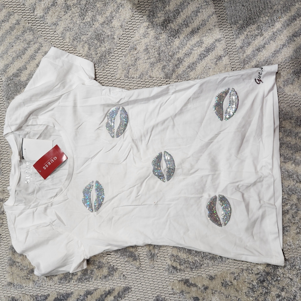 Guess White Tee with Sparkling Silver Lips
